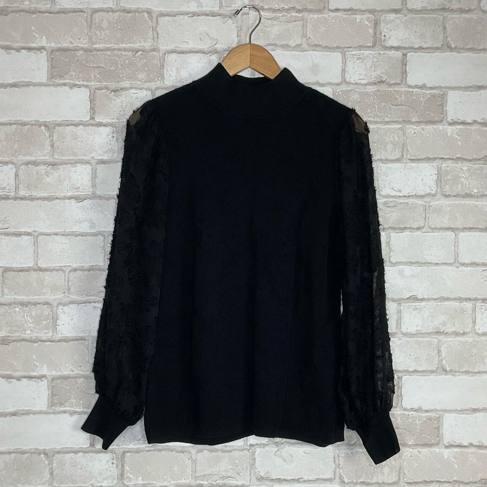 Chico's Black Lace Woven Appliqué Puff Sleeve Knit Mock Neck Pullover Size L